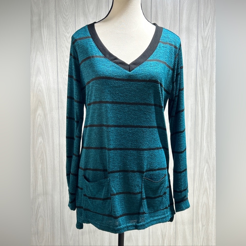 French Laundry Teal & Black Striped V-Neck Lightweight Sweater Size Medium